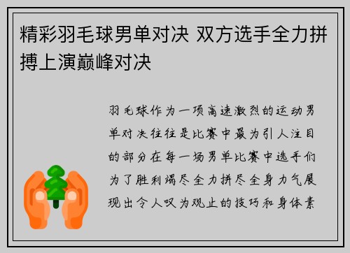 精彩羽毛球男单对决 双方选手全力拼搏上演巅峰对决