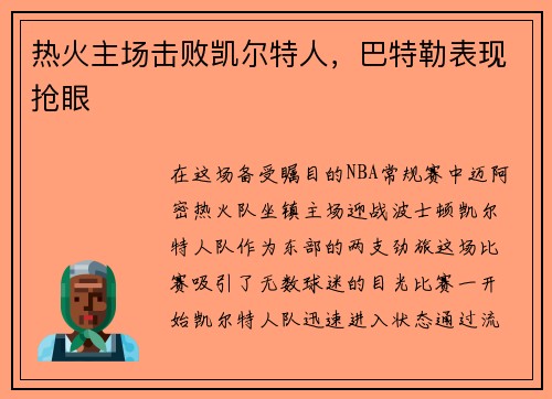 热火主场击败凯尔特人，巴特勒表现抢眼
