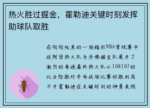 热火胜过掘金，霍勒迪关键时刻发挥助球队取胜